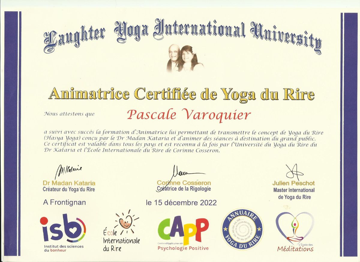 Diplôme d'Animatrice de Yoga du Rire